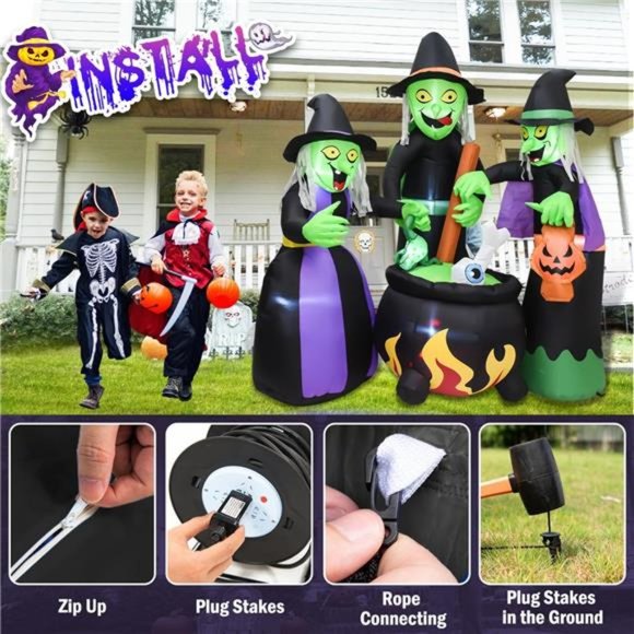 5.9 FT Halloween Decor Inflatable Three Witch Around Cauldron with LED Flashing - Picture 6 of 7